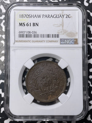 1870-SHAW Paraguay 2 Centesimos NGC MS61BN Lot#G9004 Nice UNC!