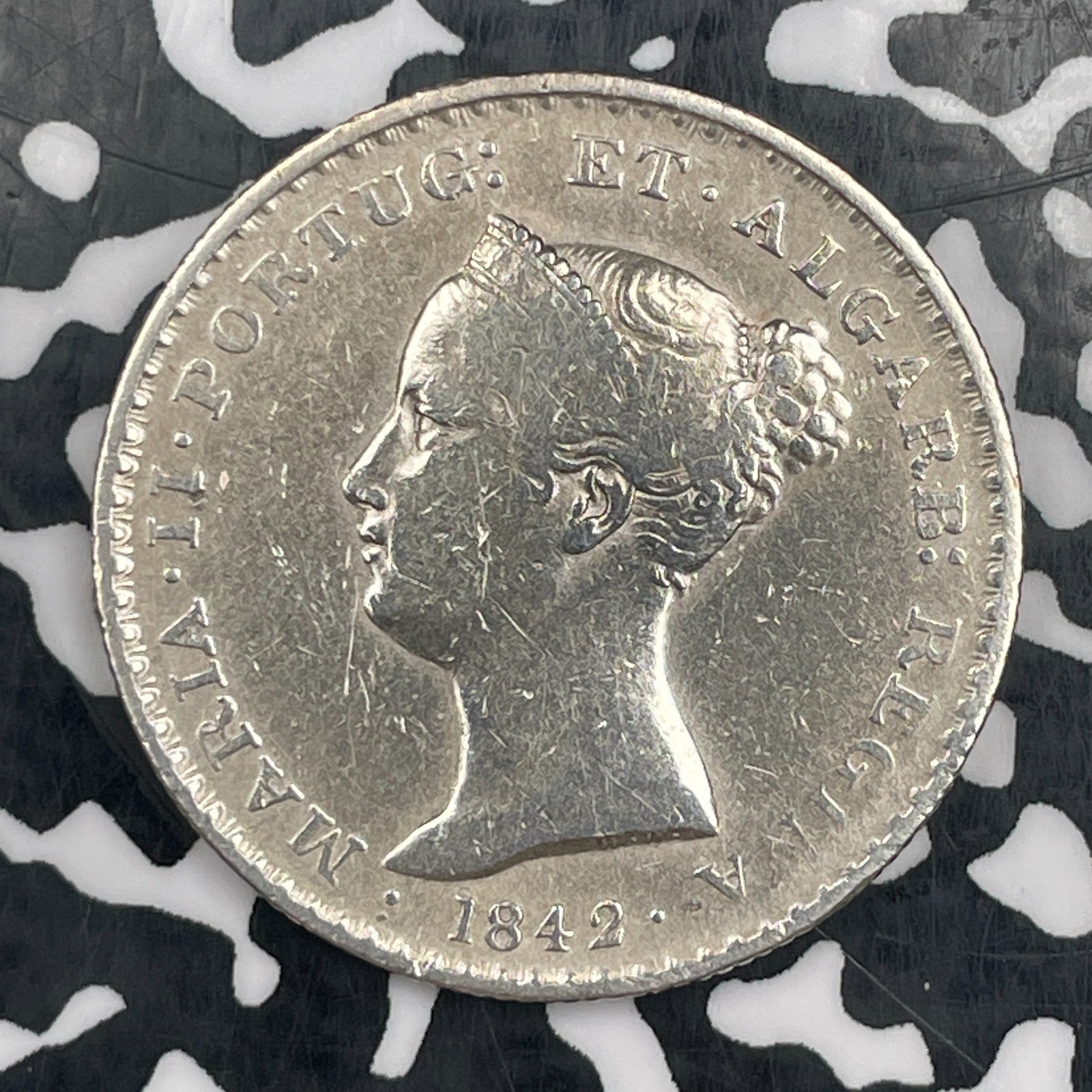 1842 Portugal 500 Reis Lot#N3197 Silver! Cleaned, Low Mintage