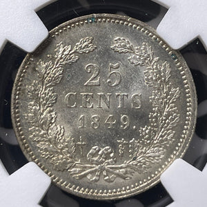 1849 Netherlands 25 Cents NGC MS62 Lot#G9057 Silver! Nice UNC!