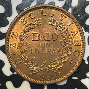 1951 Bolivia 10 Bolivianos Lot#E4467 High Grade! Beautiful!