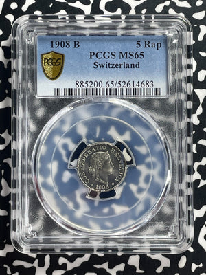 1908-B Switzerland 5 Rappen PCGS MS65 Lot#G720 Gem BU!