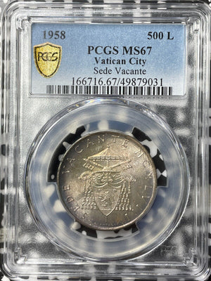 1958 Vatican City 500 Lire PCGS MS67 Lot#G8184 Silver! Beautiful Toning! Gem BU!