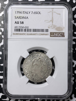 1794 Italy Sardinia 7.6 Soldi NGC AU58 Lot#G9537