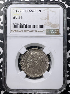 1868-BB France 2 Francs NGC AU55 Lot#G8894 Silver!