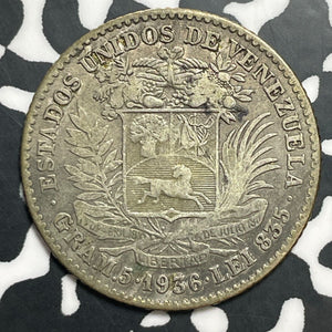 1936 Venezuela 1 Bolivar Lot#E7290 Silver!