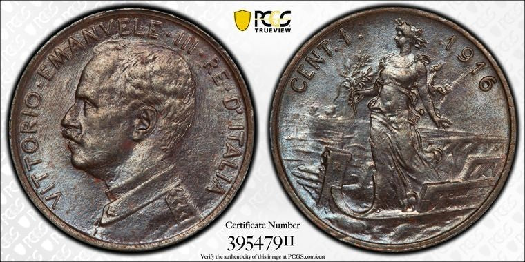 1916-R Italy 1 Centesimo PCGS MS63BN Lot#G2158 Choice UNC!