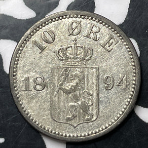 1894 Norway 10 Ore Lot#E9569 Silver! Nice!