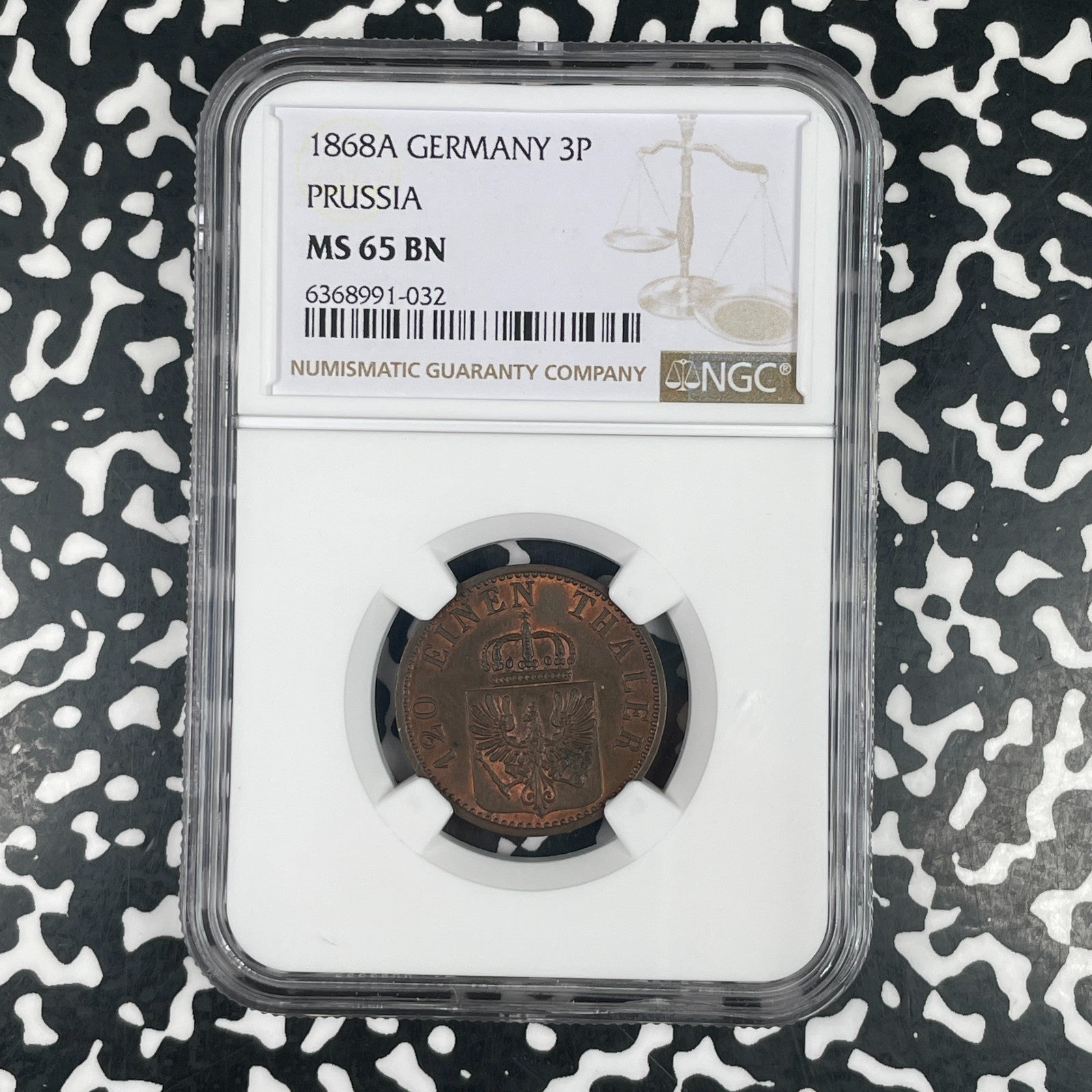1868-A Germany Prussia 3 Pfennig NGC MS65BN Lot#G3729 Gem BU!