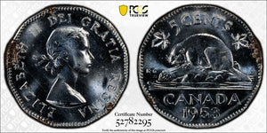 1953 Canada 5 Cents PCGS Environment. DMG-UNC Detail Lot#G1038 No Strap/Far Leaf