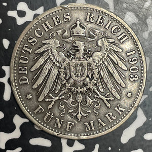 1903-D Germany Bavaria 5 Mark Lot#T3534 Large Silver Coin!