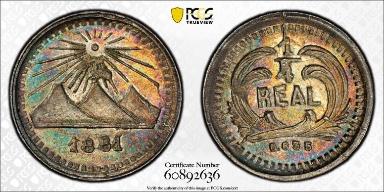 1881 Guatemala 1/4 Real PCGS MS64 Lot#G2297 Silver! Beautiful Toning!