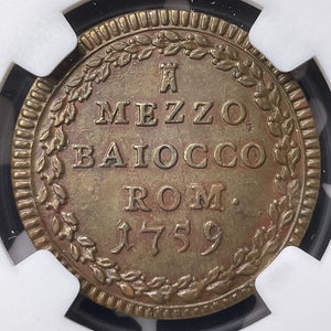 1759-I Papal States 1/2 Baiocco NGC AU58BN Lot#G9021 Top Graded!