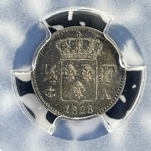 1828-A France 1/4 Franc PCGS MS62 Lot#G855 Silver! Nice UNC! Gad-353