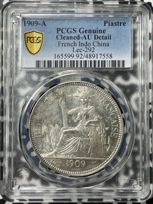 1909-A French Indo-China 1 Piastre PCGS Cleaned-AU Detail Lot#G8313 Silver!