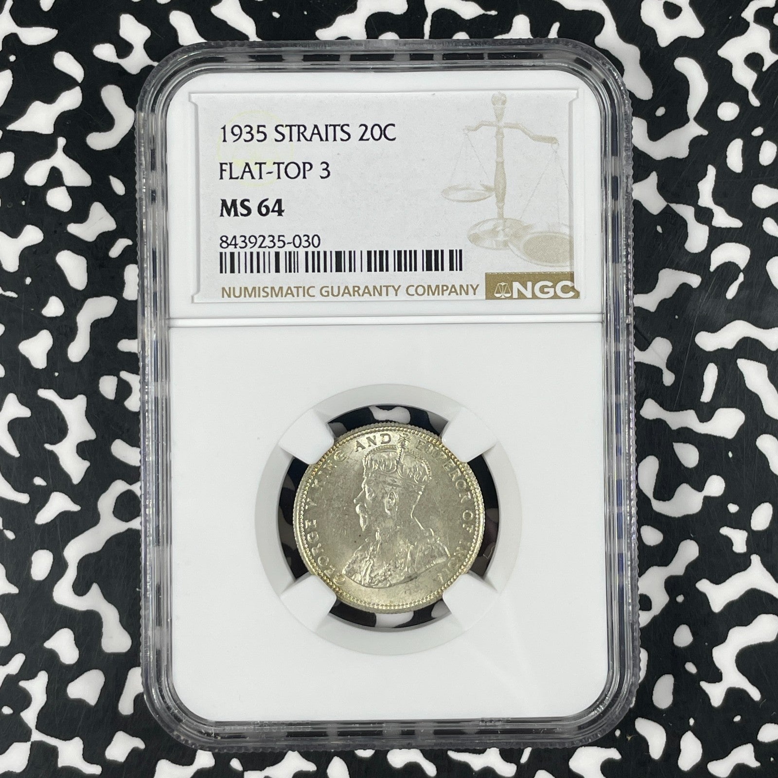 1935 Straits Settlements 20 Cents NGC MS64 Lot#G3277 Silver! Flat-Top '3'