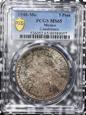 1948-Mo Mexico 5 Pesos PCGS MS65 Lot#G7436 Large Silver! Beautiful Toning!