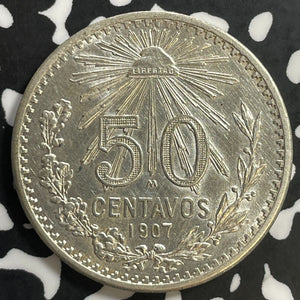 1907 Mexico 50 Centavos Lot#E9818 Silver! Beautiful Detail, Old Cleaning