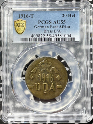 1916-T German East Africa 20 Heller PCGS AU55 Lot#G8128 Brass