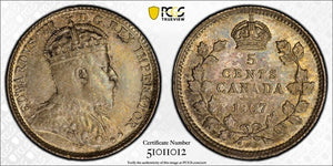 1907 Canada 5 Cents PCGS MS62 Lot#G161 Silver! Nice UNC! Narrow Date Variety