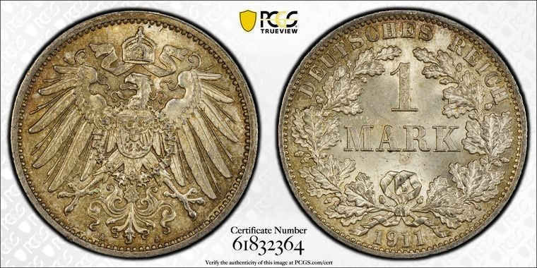 1911-A Germany 1 Mark PCGS MS64 Lot#G3430 Silver! Choice UNC! J-17