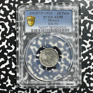 AH 1327 Year 5 (1913) Turkey 10 Para PCGS AU58 Lot#G985 KM#760