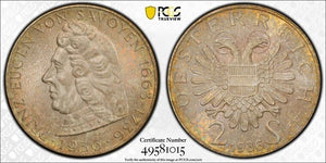 1936 Austria Eugene 2 Schilling PCGS MS64 Lot#G8139 Silver! Beautiful Toning!