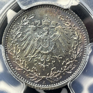 1905-A Germany 1/2 Mark PCGS MS65 Lot#G9342 Silver! Beautiful Toning! J-16