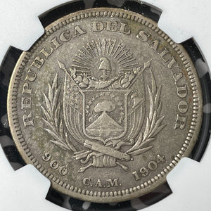 1904-CAM El Salvador Columbus 1 Peso NGC VF35 Lot#G8883 Large Silver!