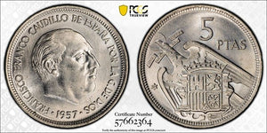 1957 (58) Spain 5 Pesetas PCGS MS62 Lot#G893 Choice UNC!  Key Date!