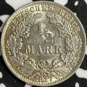 1917-A Germany 1/2 Mark Half Mark Lot#D6995 Silver! High Grade! Beautiful!
