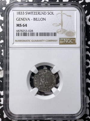 1833 Switzerland Geneva 1 Sol NGC MS64 Lot#G7237 Choice UNC!