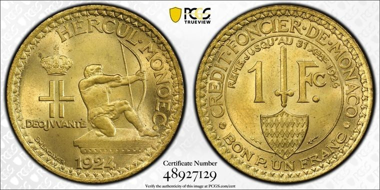 1924 Monaco 1 Franc PCGS MS65 Lot#G1992 Gem BU! Gad-MC127