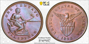 1933-M U.S. Philippines 1 Centavo PCGS MS65BN Lot#G8646 Top Graded! Gem BU!