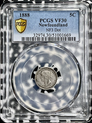 1888 Newfoundland 5 Cents PCGS VF30 Lot#G9840 Silver! Key Date! NF3 Dot