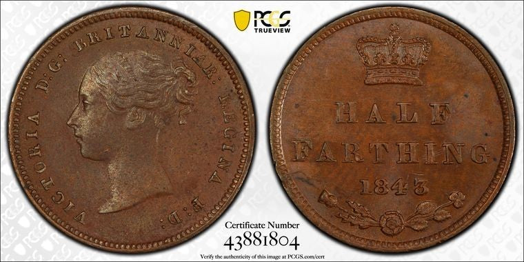 1843 Great Britain Victoria 1/2 Farthing PCGS MS62BN Lot#G2043 Nice UNC!