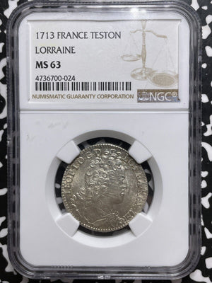 1713 France Lorraine 1 Teston NGC MS63 Lot#G7978 Silver! Choice UNC!