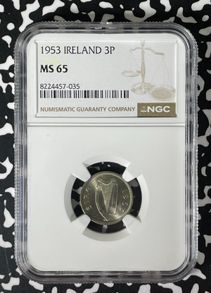 1953 Ireland 3 Pence Threepence NGC MS65 Lot#G281 Gem BU!