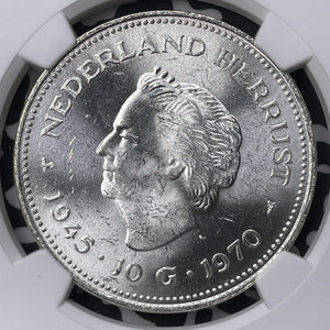 1970 Netherlands Liberation Anniversary 10 Gulden NGC MS63 Lot#MK115 Silver!