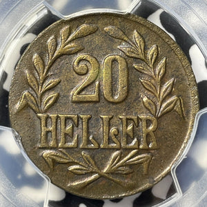 1916-T German East Africa 20 Heller PCGS AU55 Lot#G8128 Brass