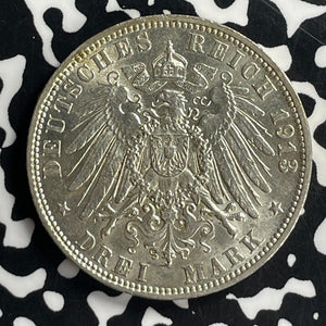 1913-J Germany Hamburg 3 Mark Lot#JM9669 Silver! High Grade! Beautiful!