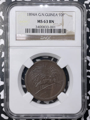 1894-A German New Guinea 10 Pfennig NGC MS63BN Lot#MK126 Choice UNC!