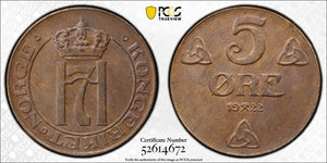 1922 Norway 5 Ore PCGS MS62BN Lot#G711 Nice UNC!