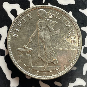 1921 U.S. Philippines 50 Centavos Lot#T5199 Silver! Nice!