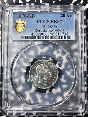 1870-KB Hungary 20 Krajczar Restrike PCGS PR67 Lot#G9070 Silver! Proof! KM#452.1