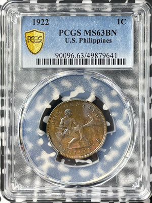 1922 U.S. Philippines 1 Centavo PCGS MS63BN Lot#G8339 Beautiful Toning!