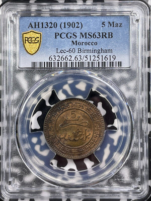 AH 1320 (1902-Birmingham) Morocco 5 Mazunas PCGS MS63RB Lot#G9206 Choice UNC!