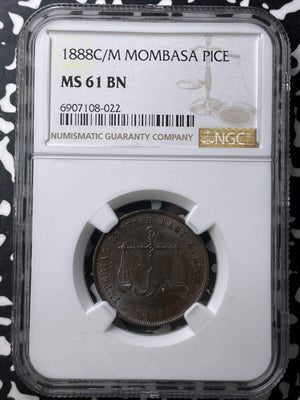 1888-CM Mombasa 1 Pice NGC MS61BN Lot#G9052 Nice UNC!