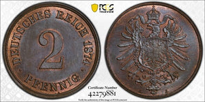 1874-A Germany 2 Pfennig PCGS MS63BN Lot#G210 Choice UNC!
