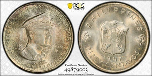 1947-S Philippines MacArthur 50 Centavos PCGS MS66 Lot#G8196 Silver! KM#184