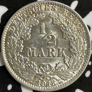 1916-J Germany 1/2 Mark Half Mark Lot#D6990 Silver! High Grade! Beautiful!